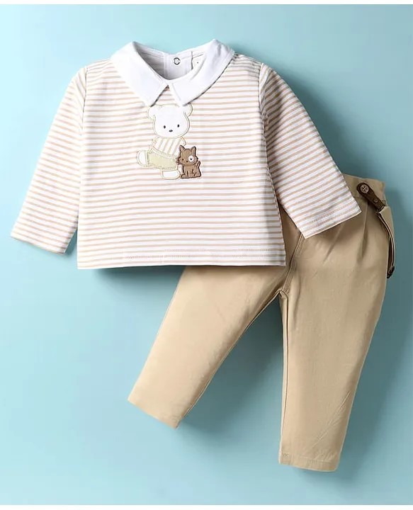 ToffyHouse Cotton Woven Full Sleeves Striped Polo T-Shirt & Trouser Pant With Teddy Embroidery & Suspender - Offwhite